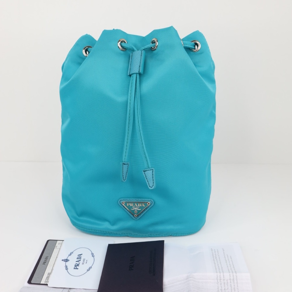 Authentic Brand New Prada Turquoise Turchese Vela Nylon Drawstring Pouch